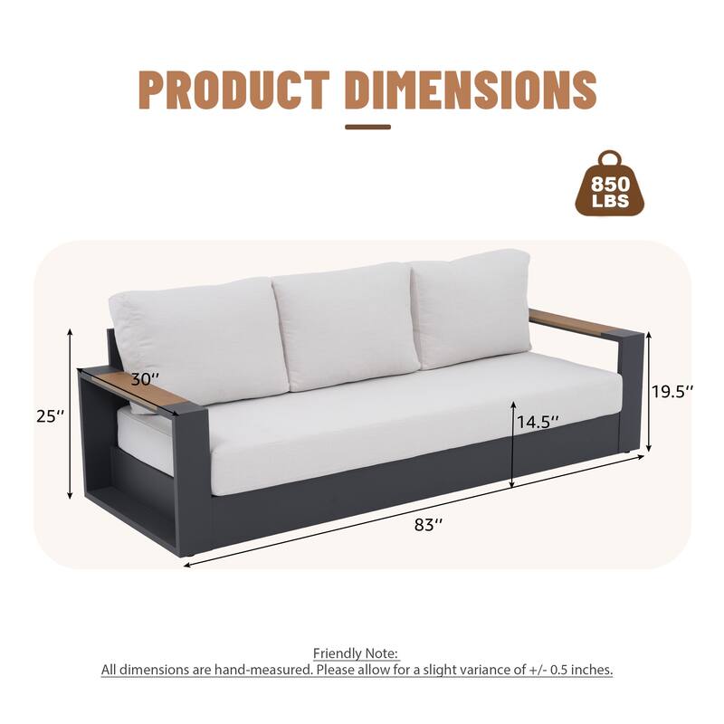 Modern Aluminum Frame Outdoor 3-Seater Sofa with Thick Cushions