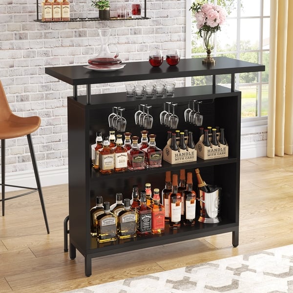 Bar Unit, 3-Tier Bar Table Liquor Cabinet with Stemware Rack and Metal ...