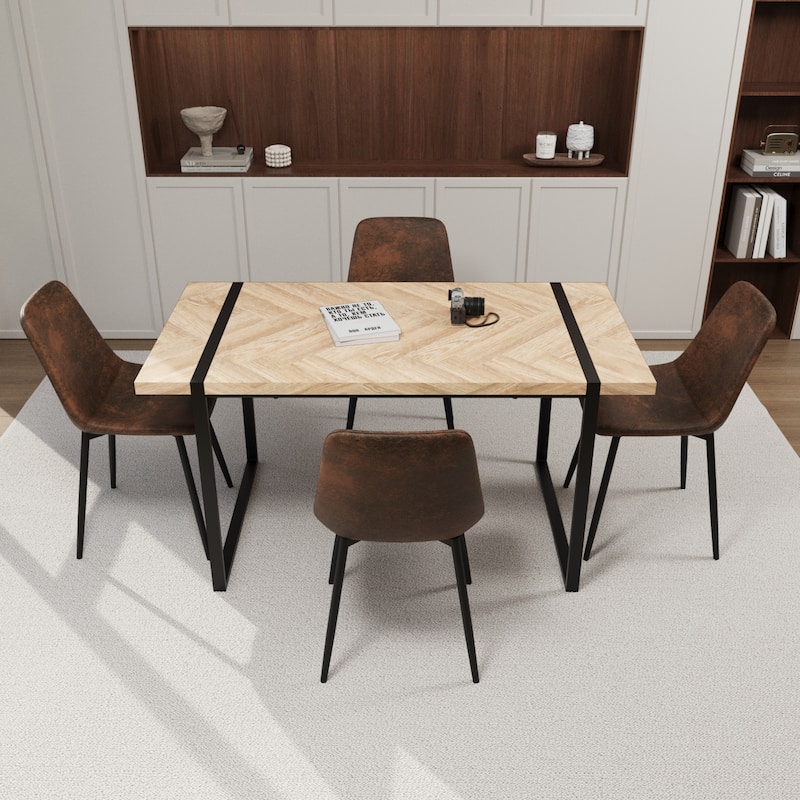 Modern 5-Piece Dining Set with Light Wood Rectangular Metal Base Table & 4 Square Corner Suede Chairs