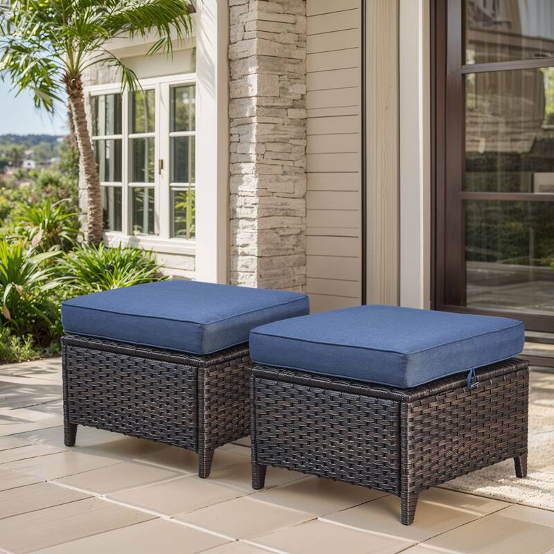 2 Wicker Ottomans Multipurpose Outdoor Footrest - Brown - Blue