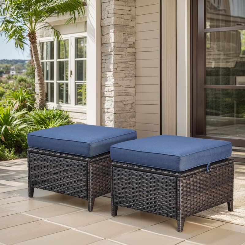 Outdoor Patio Ottoman for Swivel Chairs - Brown Wicker Blue Cushion - 2 Pieces Ottoman