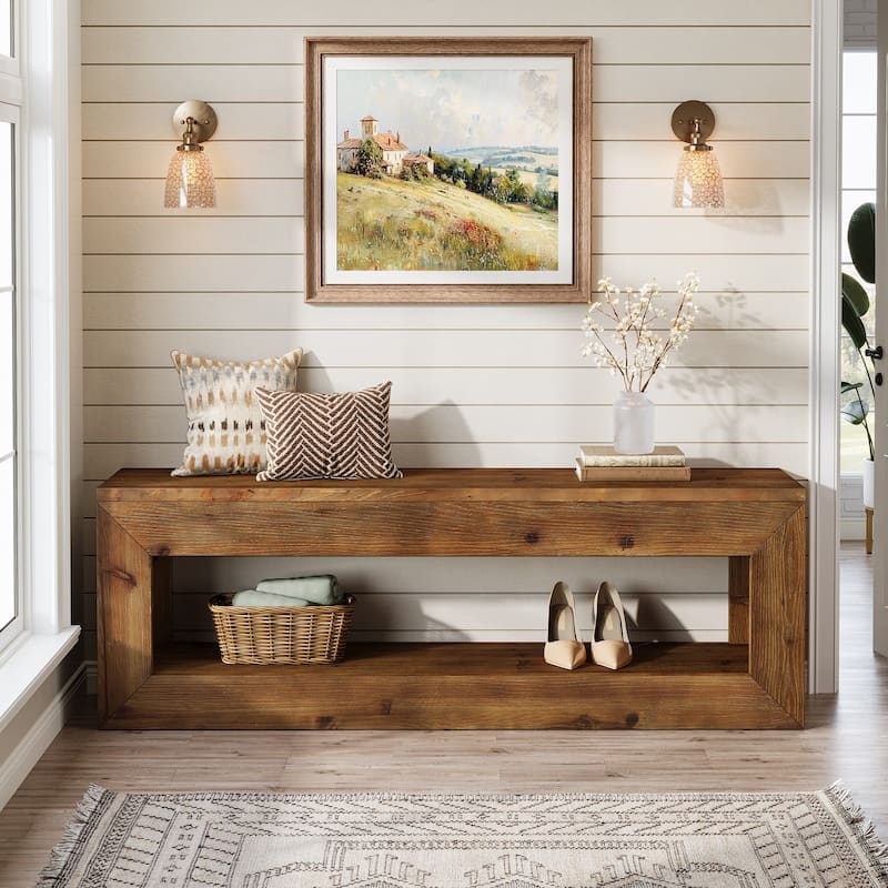 Solid Wood Entryway Bench, 47" Rustic Farmhouse Indoor Bench Seat with Storage Shelf for Entrance