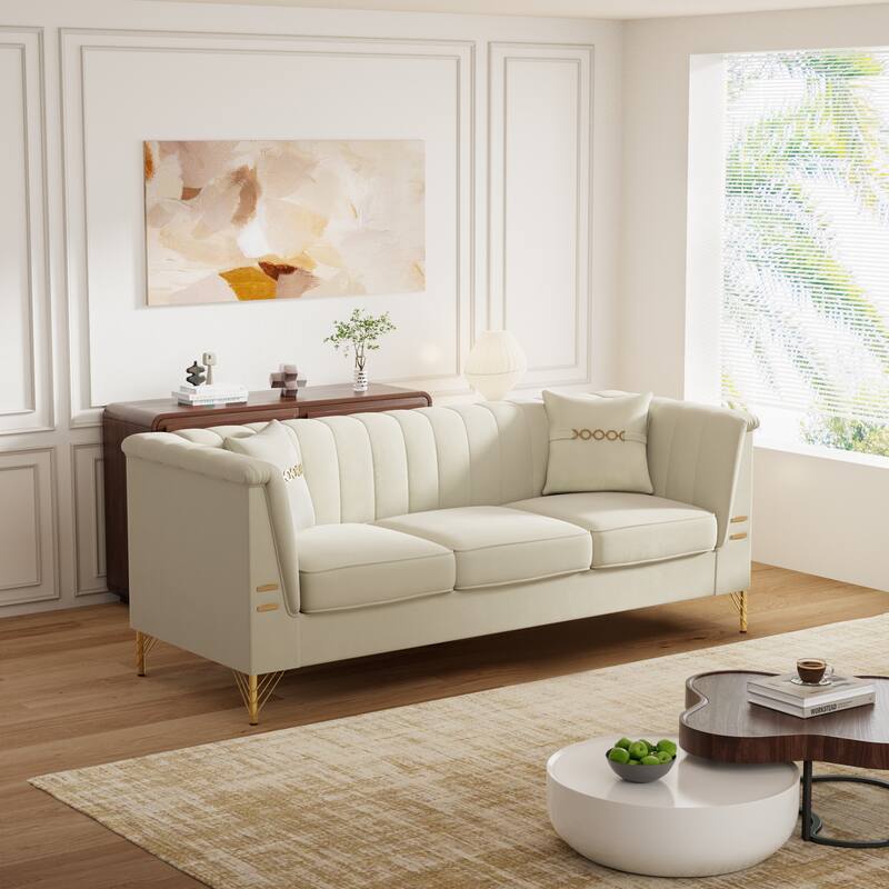 Chesterfield Velvet Button Tufted Sofa, Luxury 3-Seater Couch with 2 Pillows