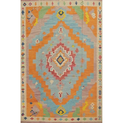 Hand Woven Oriental 100% Wool Carpet Southwestern Tribal Navy Blue & Blues Kilim Area Rug - 9' 8'' X 7' 10''