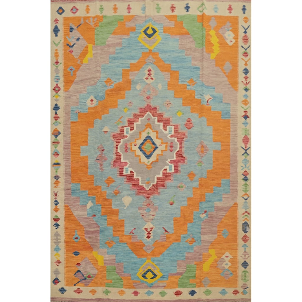 Hand Woven Oriental 100% Wool Carpet Southwestern Tribal Navy Blue & Blues Kilim Area Rug - 9' 8'' X 7' 10''