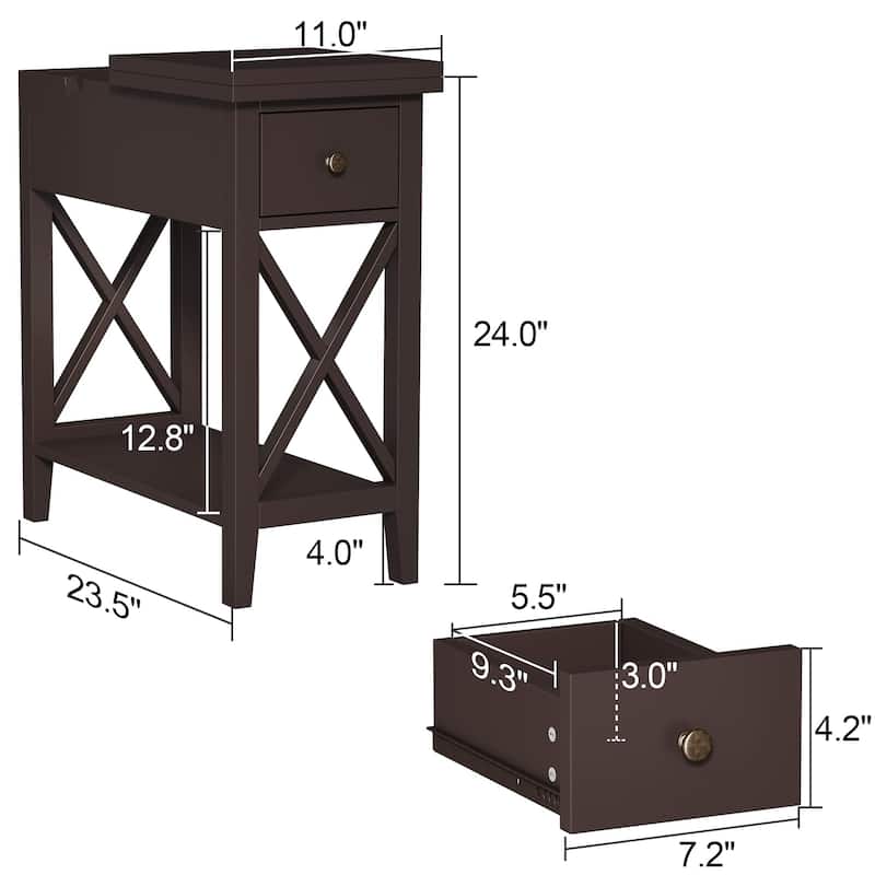 2-Drawer End Table, Flip Top Narrow End Table with Drawer, Accent Small Side Table Nightstand for Bedroom, Espresso