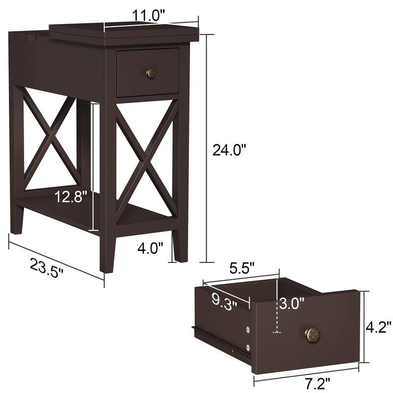 2-Drawer End Table, Flip Top Narrow End Table with Drawer, Accent Small Side Table Nightstand for Small Space