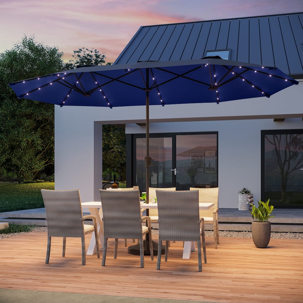 BONOSUKI 13 x 7.2ft Solar-Powered LED Double-Sided Patio Umbrella with Large Canopy Outdoor Table Umbrella for Garden, Navy Blue