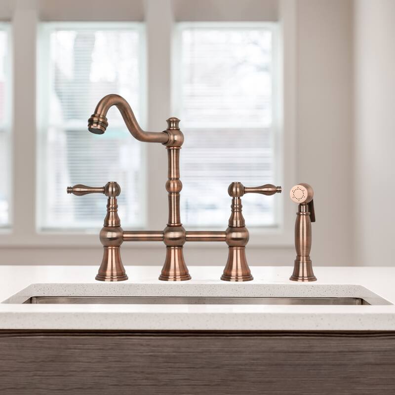Two-Handles Bridge Kitchen Faucet with Side Sprayer 8-3/8 Inch High Arc - Antique Copper