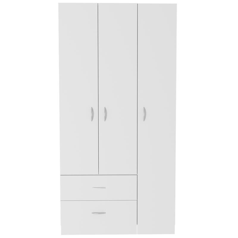 18.5" Modern Three-door Armoire with Hanging Rod, Two Bottom Drawers and Four Interior Shelves - White