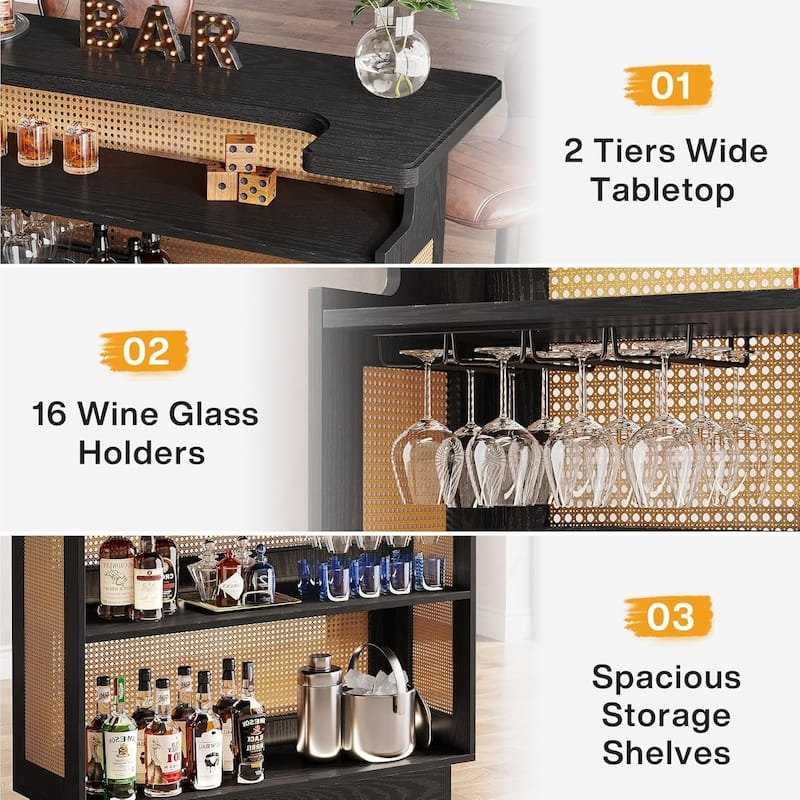 Home Bar Unit, 4-Tier Liquor Bar Table, Mini Bar with Wine Racks and Glass Holder, Farmhouse Bar Table
