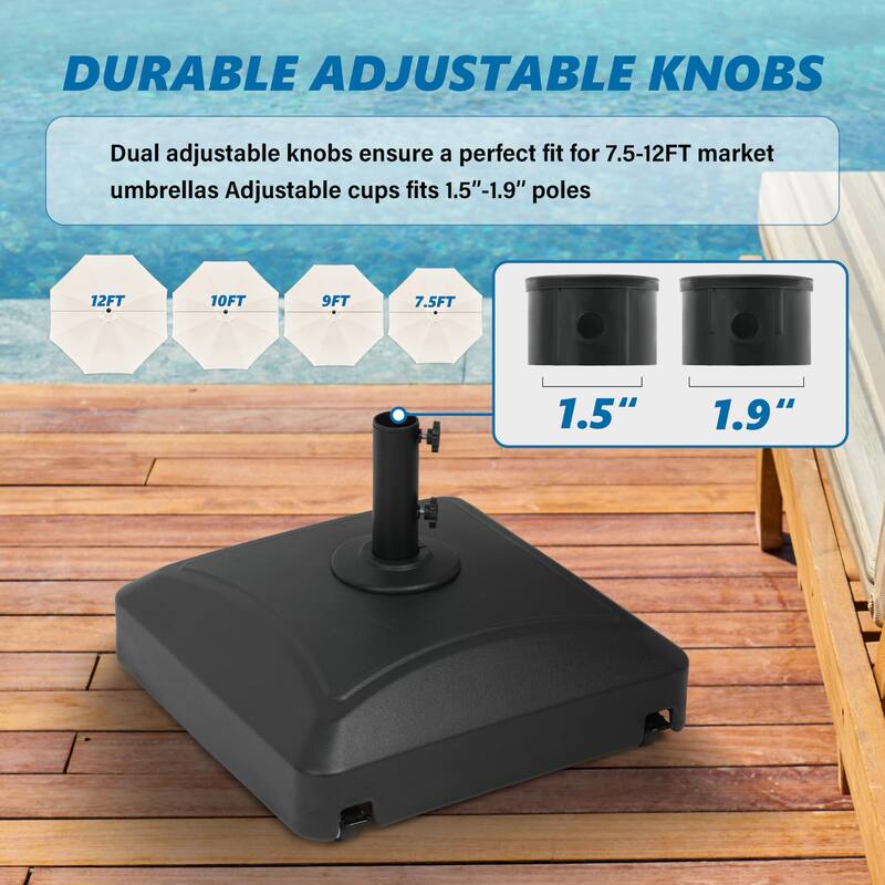 Outdoor Fillable Mobile Patio Umbrella Base in 125lb. Capacity, Heavy Duty Stand with 4Wheels&2Locks&2Knobs-Square Black