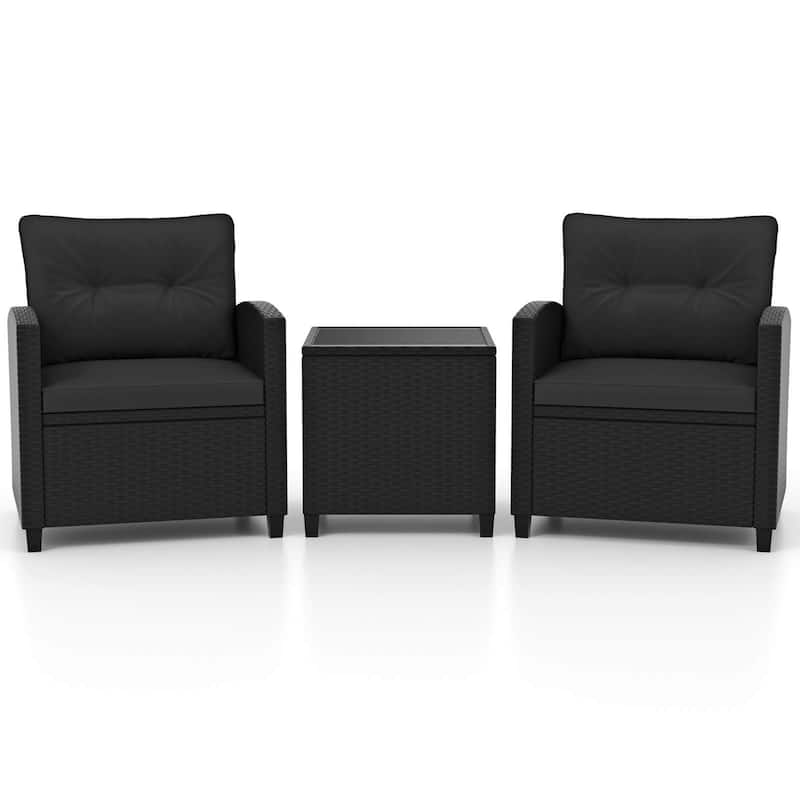 3 PCS Patio Furniture Set Rattan Conversation Set w/ Cushions & Table - Black