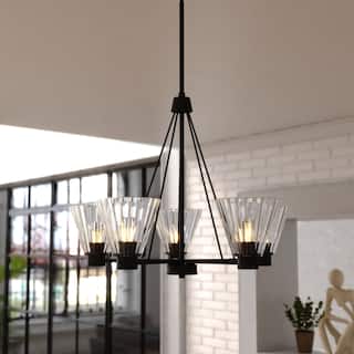 Dalton 5-Light Black Round Chandelier, Clear Glass Shade, Pendant Fixture r Dining Table Kitchen Entryway Bedroom Island