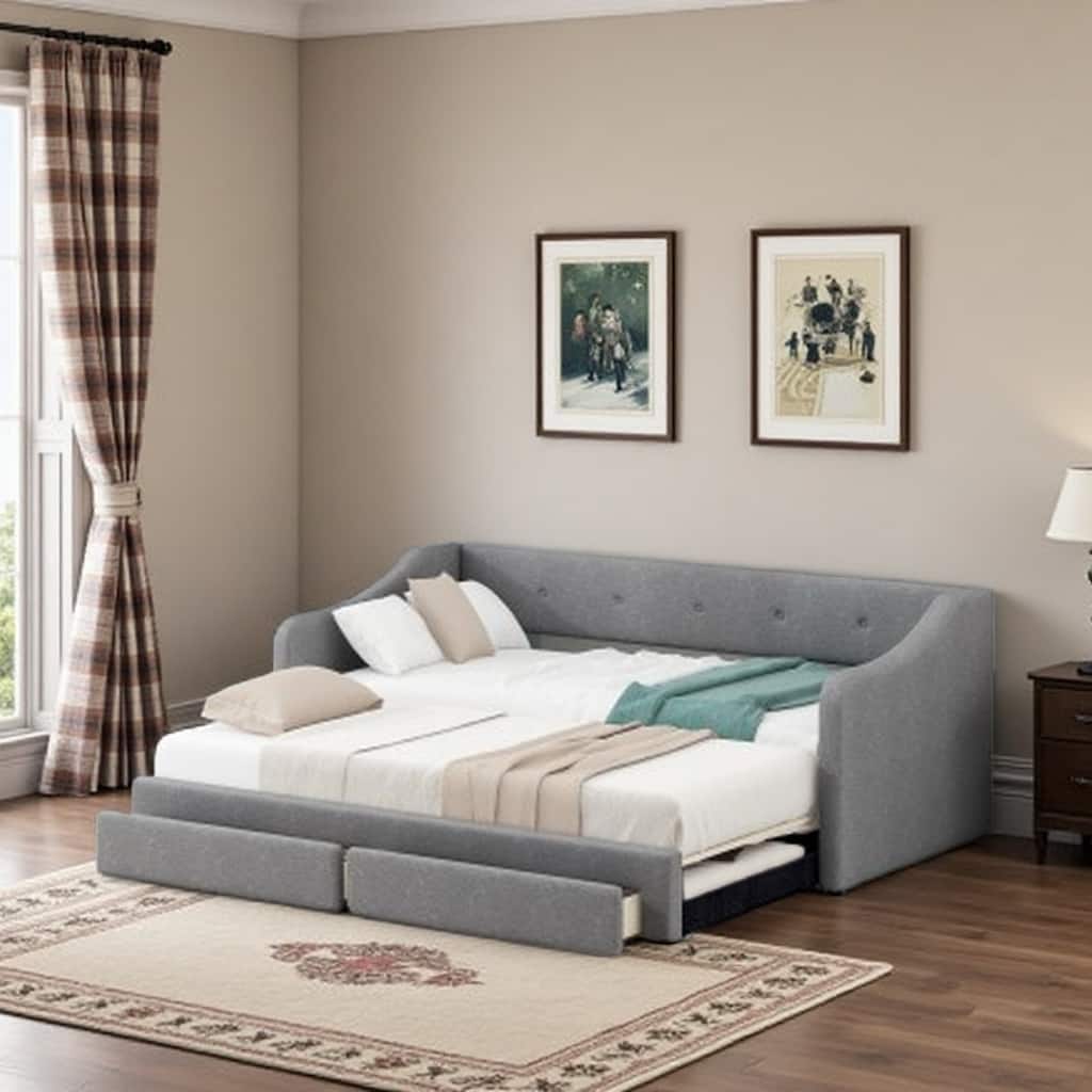 Twin XL to King Upholstered Daybed with Two Storage Drawers, Expandable Design, No Box Spring Required