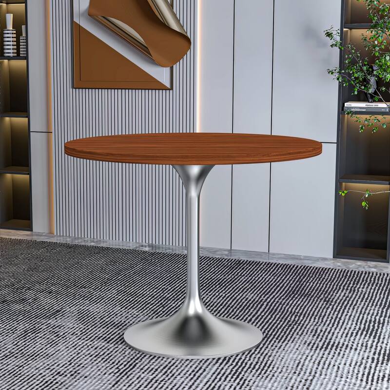 LeisureMod Verve 36" Round Dining Table with MDF Wood TableTop and Brushed Chrome Base for Kitchen & Dining Room