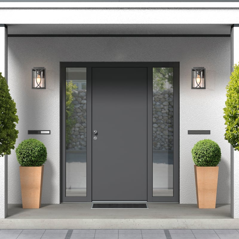 Pauly Modern Farmhouse Square 1-Light Black Outdoor Wall Lantern Sconce Glass Shade for Garage Porch Front Door