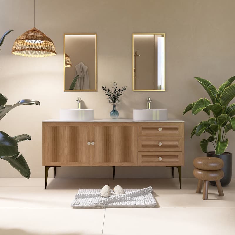 60" Freestanding Bathroom Vanity in Oak with White Ceramic Sink - 60'' x 20.05'' x 33.46''