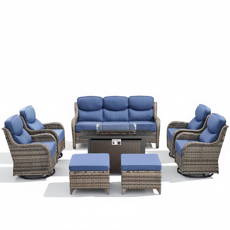 Arcadia 8-Piece PE Wicker Patio Seating Set with Durable All-Iron Fire Pit and 6-Inch Cushions