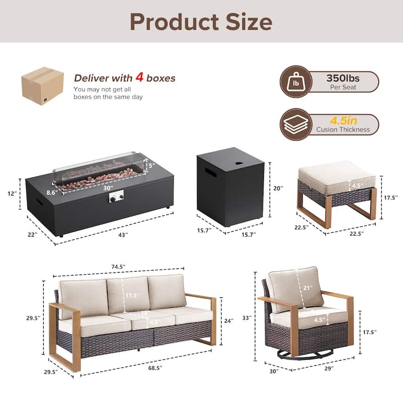 Meyreso Wicker Outdoor Patio Fire Pit Set with Swivel Gliders & 4.5-Inch Olefin Cushions