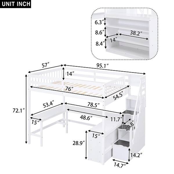 dimension image slide 0 of 2, Full Size Loft Bed with Built-in L Shaped Desk & 3 Storage Shelves, Wooden Bedframe w/Storage Stairs & Full-Length Guardrail