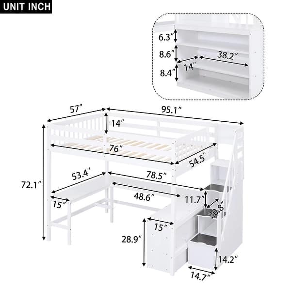 Full Size Loft Kids Bed Frame with Desk, Storage Shelves & Staircase for Bedroom, White