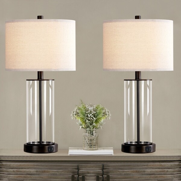 KAWOTI 23 inch Glass Table Lamp Set with Bulbs and USB Ports (set