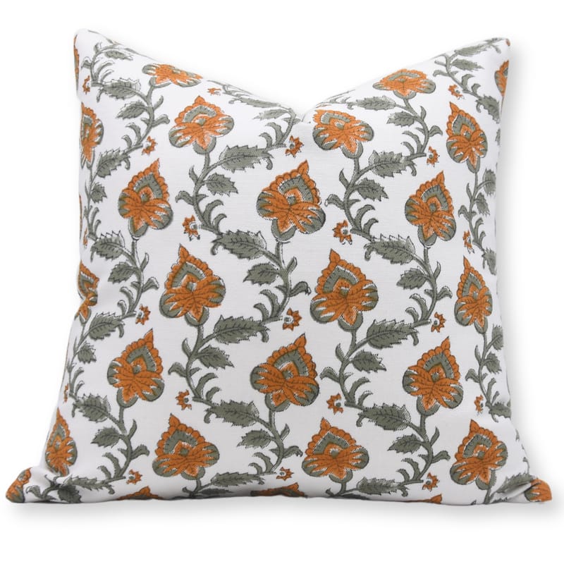 Cotton White Farmhouse Block print pillow Cover - Madhubala - Pillow Covers - 14" x 14"
