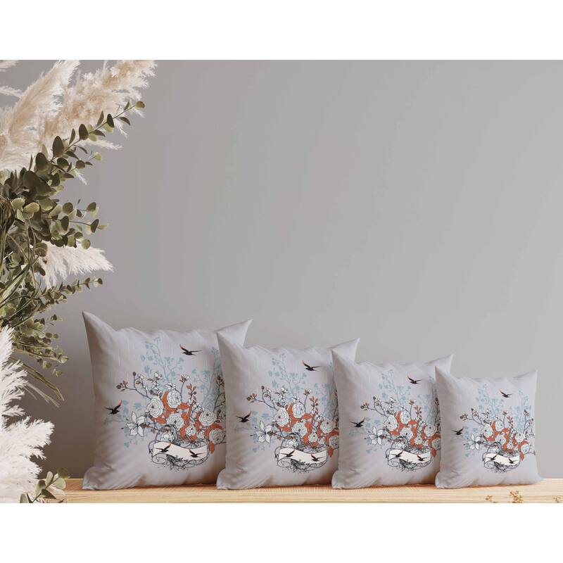 Elegant Floral Bouquet Indoor/Outdoor Reversible Throw Pillow Gray and Orange