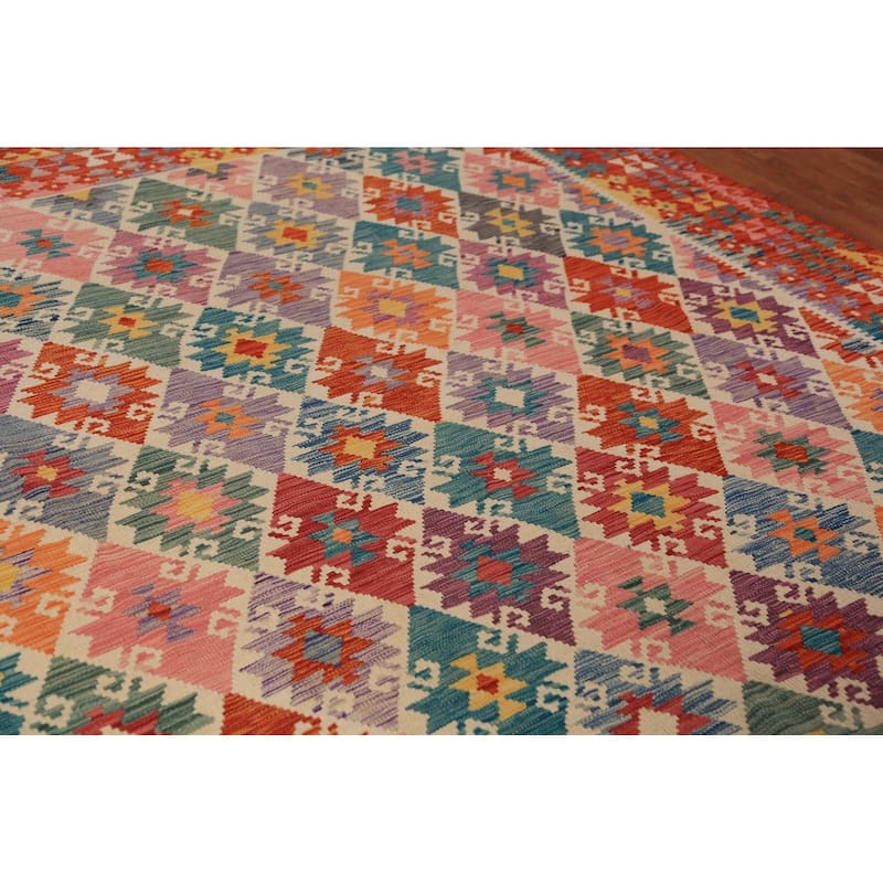 All-Over Geometric Kilim Oriental Area Rug Flatweave Wool Carpet - 8'7"x 9'4"