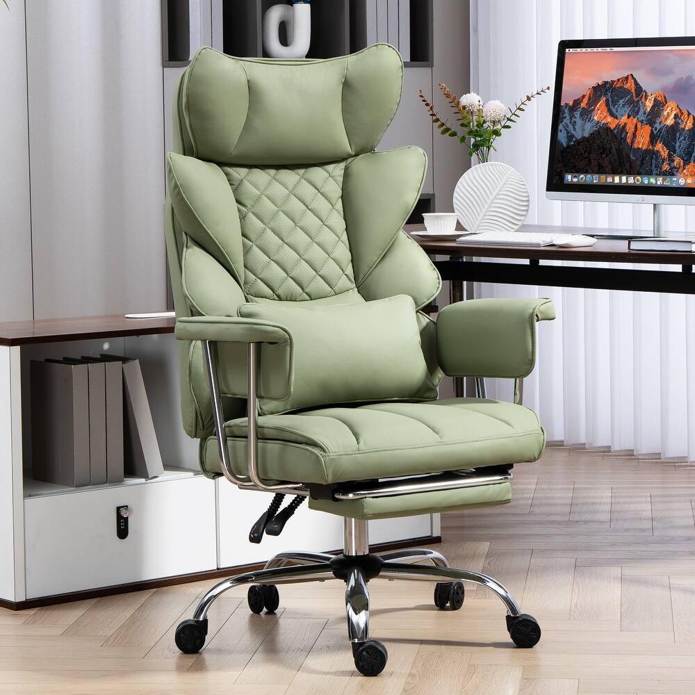Comfortable Ergonomic Office Chair with Foot Rest, PU Leather Reclining Chair with Adjustable Height Headrest and Waist Lumber