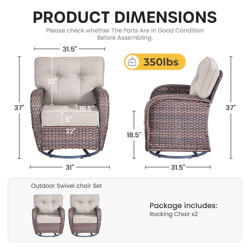 Gymojoy Wide T-Shaped High Back Swivel Glider Chairs Set with 5-inch Cusion for Patio & Balcony