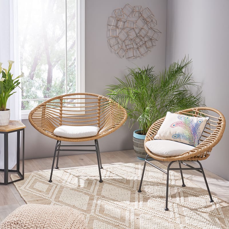 2 Piece Modern Woven Accent Chairs Set with Cushions, Steel Frame