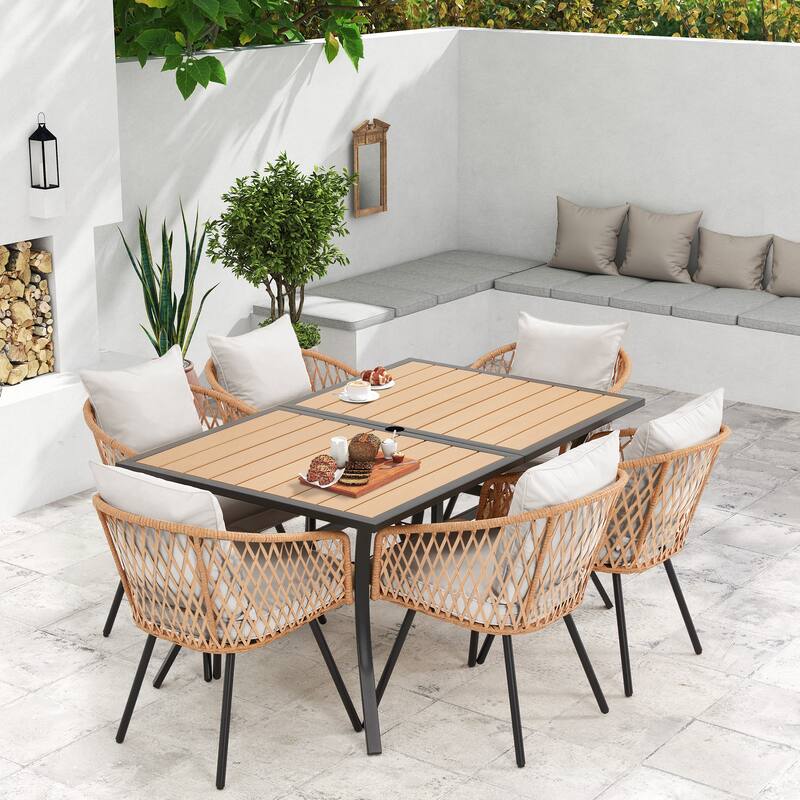 EROMMY 7 Piece Outdoor Dining Set with Umbrella Hole, Patio Table and 6 Rattan Chairs with Cushions, Weather-Resistant Furniture - Grey