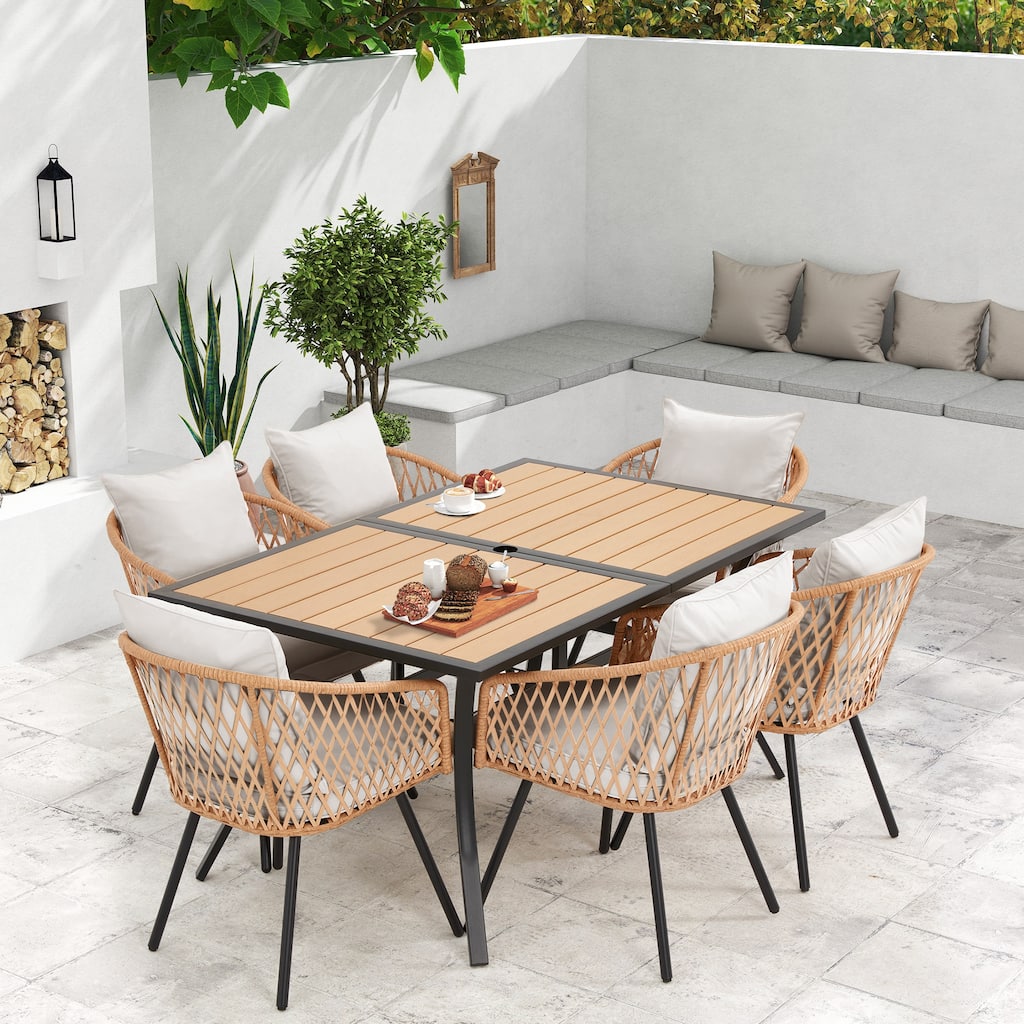 EROMMY 7 Piece Outdoor Dining Set with Umbrella Hole, Patio Table and 6 Rattan Chairs with Cushions, Weather-Resistant Furniture