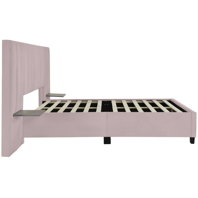 HomeRoots Pink Tufted Velvet Upholstered Lighted Queen Bed Frame