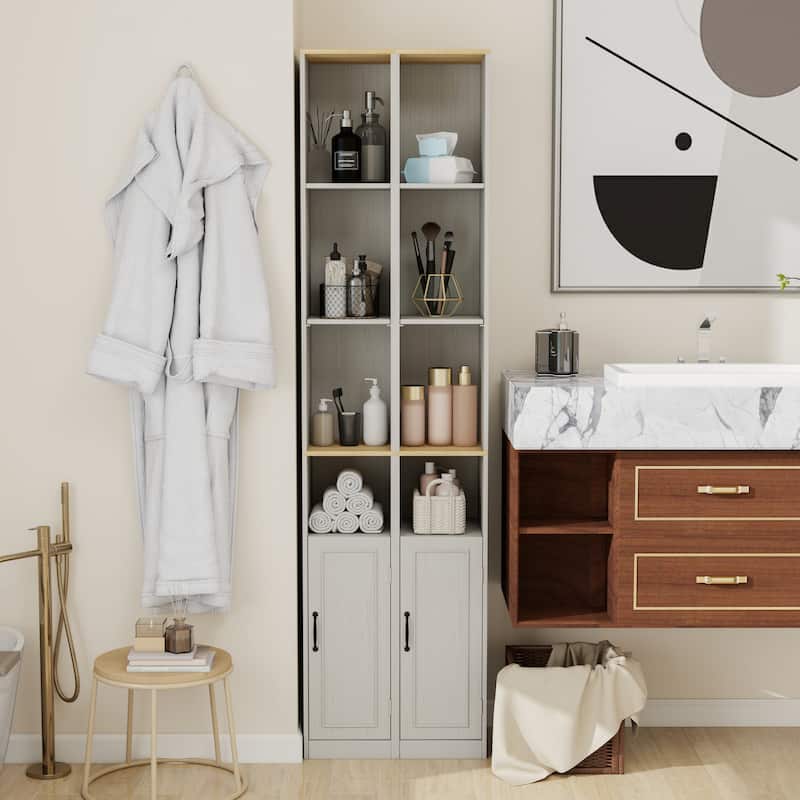 72"Tall Slim Storage Cabinet, 6-Tier Narrow Freestanding Cabinet with 1 Door and 2 Adjustable Shelves, Bookcase Display Shelves