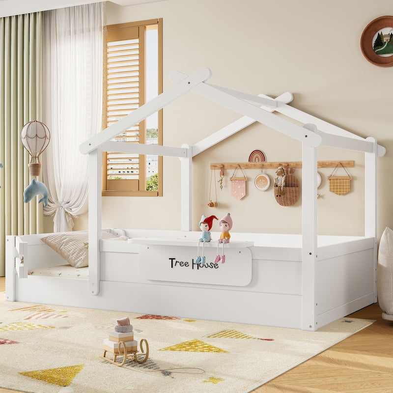 Kids House Floor Bed with Guardrails, Roof & Built-in Tray - Queen/Full/Twin Size, Childlike Design - White - Twin
