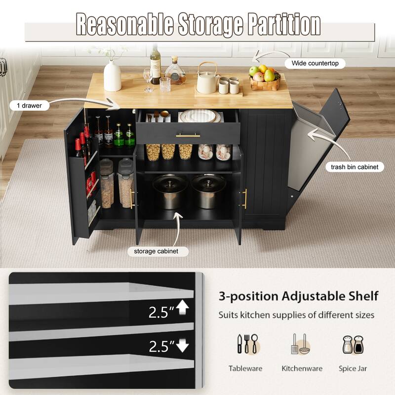 53" Modern Farmhouse Kitchen Island with Drawer, Tilt-Out Trash Can Storage, Adjustable Shelves & Spice Rack for Kitchen