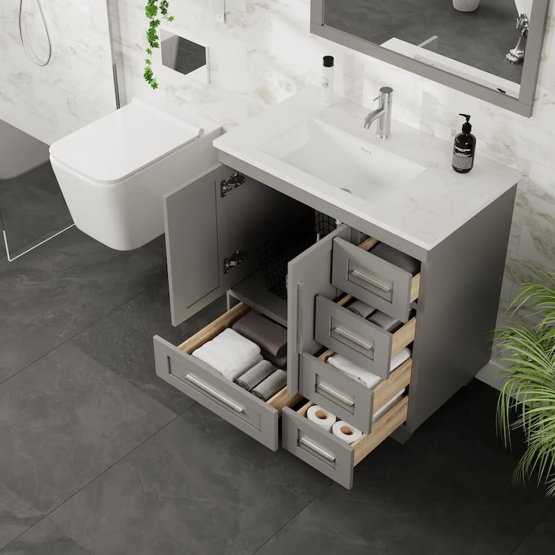 Eviva Loon 30"W x 22"D Gray Bathroom Vanity with White Carrara Quartz Vanity Top and Rectangular Undermount Sink