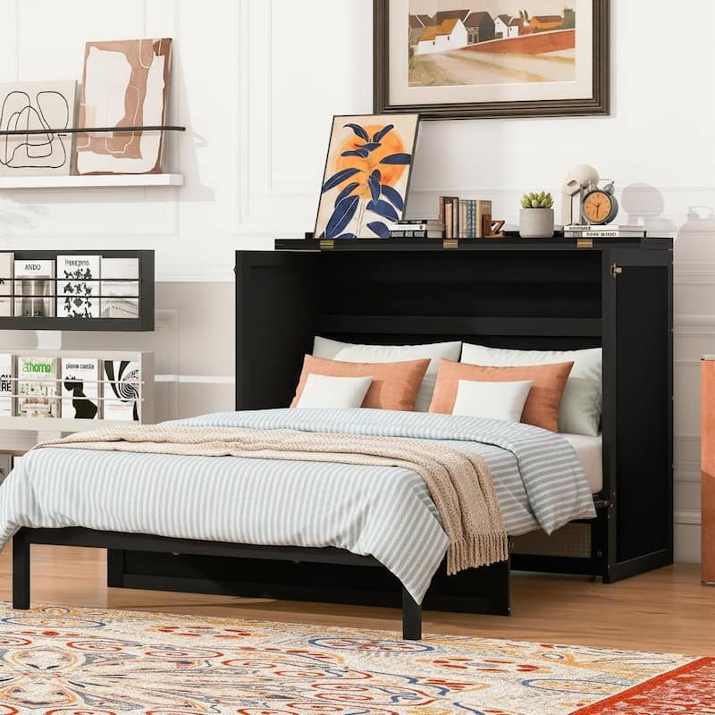 Convertible Full Size Murphy Bed Cabinet with Rattan Accents and Storage Drawer by Harper&Bright Designs - Espresso