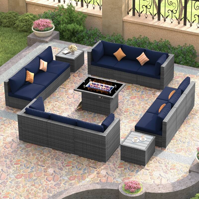 FINCATI Outdoor Grey Wicker Sectional Furniture Patio Sofa Set with Firepit Table - 15 Pieces - Navy Blue