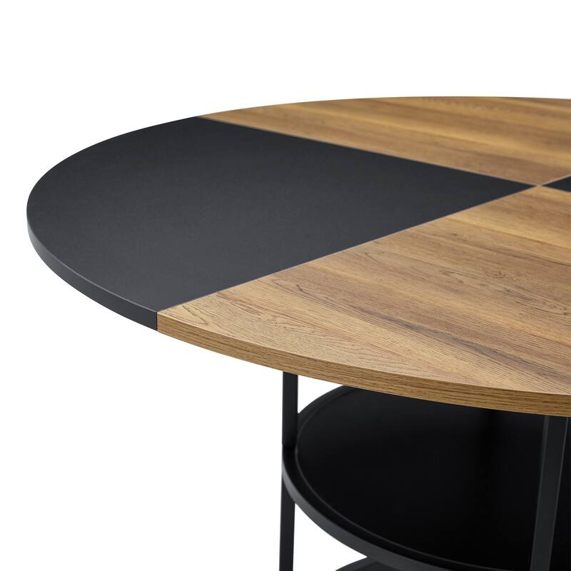 Roomfitters 47 Inch Round Dining Table with Double-Layer Storage and Diagonal Wood Black Top for Modern Spaces, Black+Wood