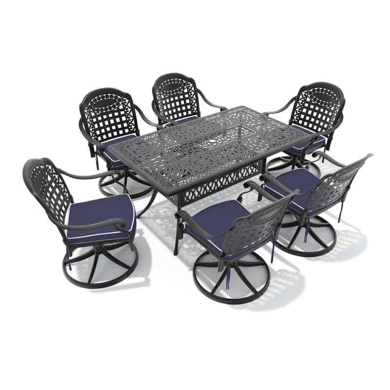 7-Piece Aluminum Rectangular Outdoor Patio Dining Set, 6 Cushioned Swivel Chairs, Table, All-Weather Frames