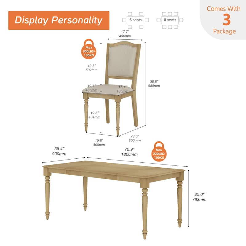 Farmhouse Dining Table Set, Wood Dining Table & Upholstered Chairs,Oak