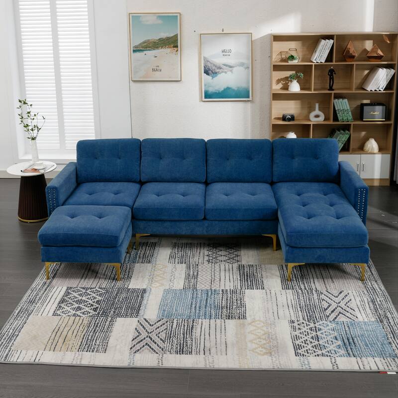 Convertible L-Shaped Velvet Sectional Sofa with Movable Ottoman and Gold Metal Legs for Living Room