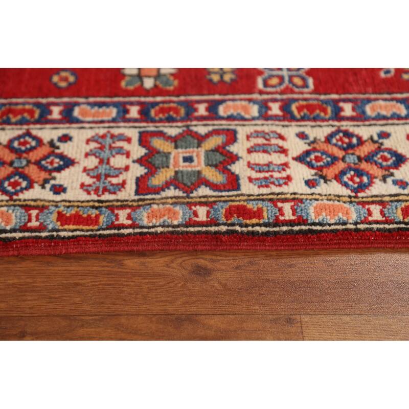 Red Geometric Kazak Oriental Wool Runner Rug Handmade Hallway Carpet - 2'8" x 9'9"