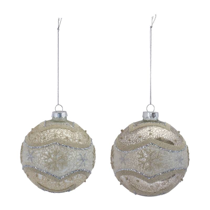 Glittered Snowflake Christmas Ball Ornaments 4" 100mm Beige Silver 6ct