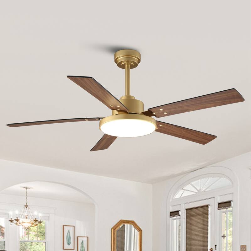 Modern 52" Gold Wooden 5-Blade Indoor Ceiling Fan with LED Light and Remote