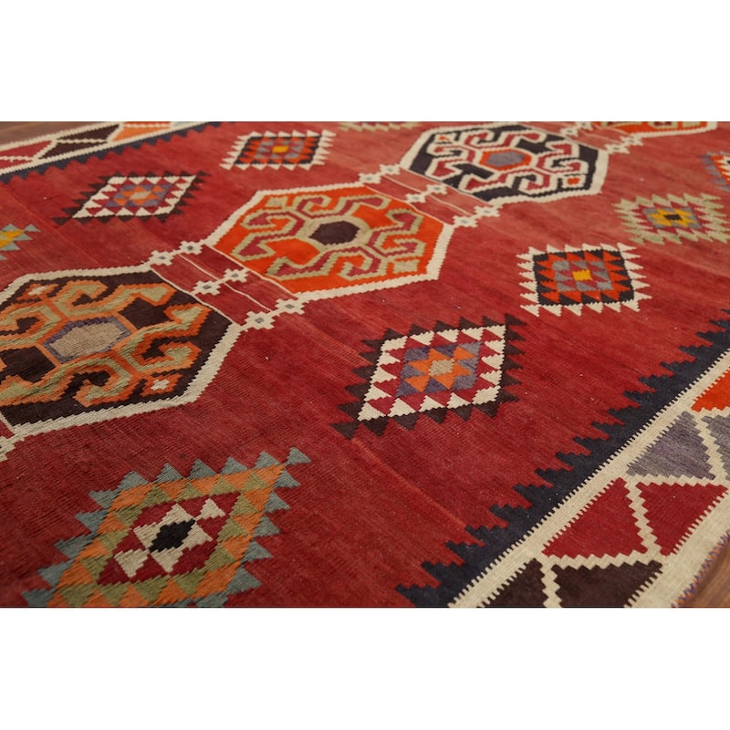 Kilim Qashqai Persian Vintage Rug Hand-Knotted Red Wool Carpet - 4'2"x 7'11"